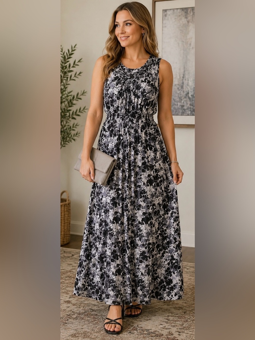 Faded Glory Black White Gray Sleeveless Maxi Dress Large Boho Casual